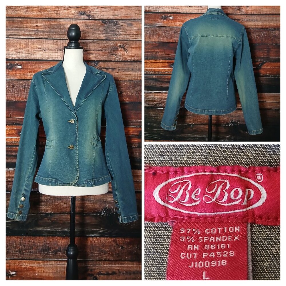 Be Bop L Vintage Jean Jacket Blazer Blue Denim Stretch Button Front
